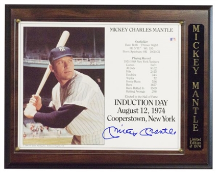 Mickey Mantle Signed HOF Induction Card Plaque